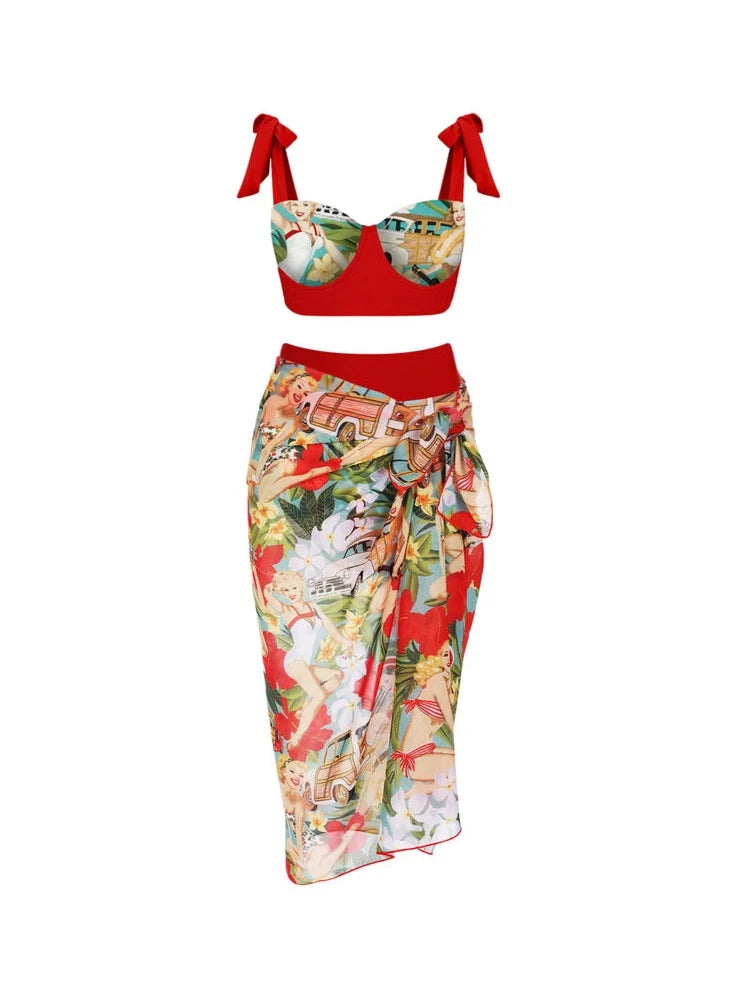 Women's vintage print high-waist bikini set — alternate angle