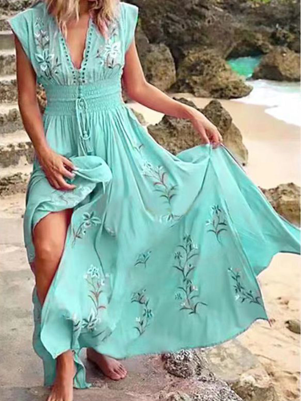 Women's V-neck boho print maxi dress — back view