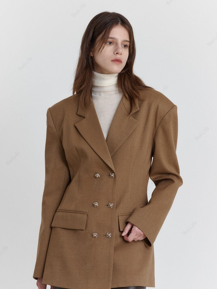 Women's waist-cinched wool blazer, front view