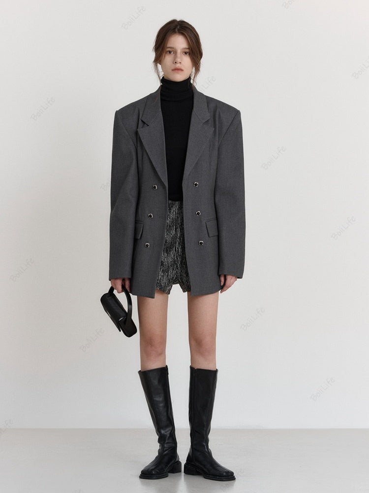 Women's waist-cinched wool blazer, front view