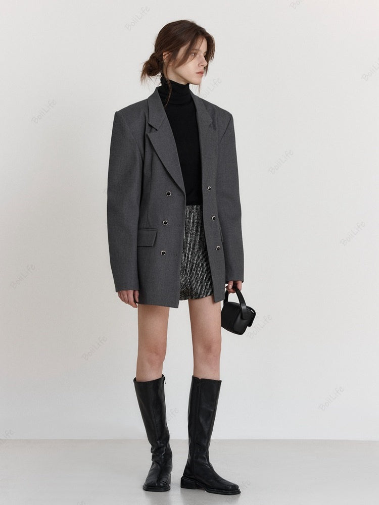 Women's waist-cinched wool blazer — side detail