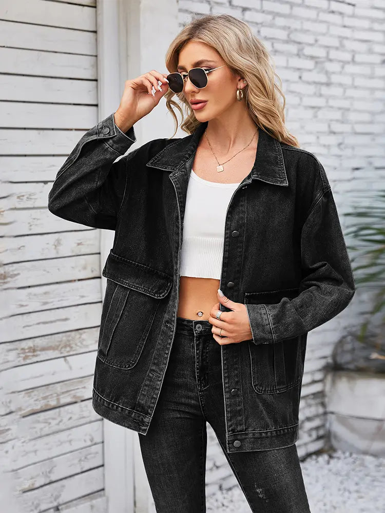 Women's Washed Denim Trucker Jacket — full length