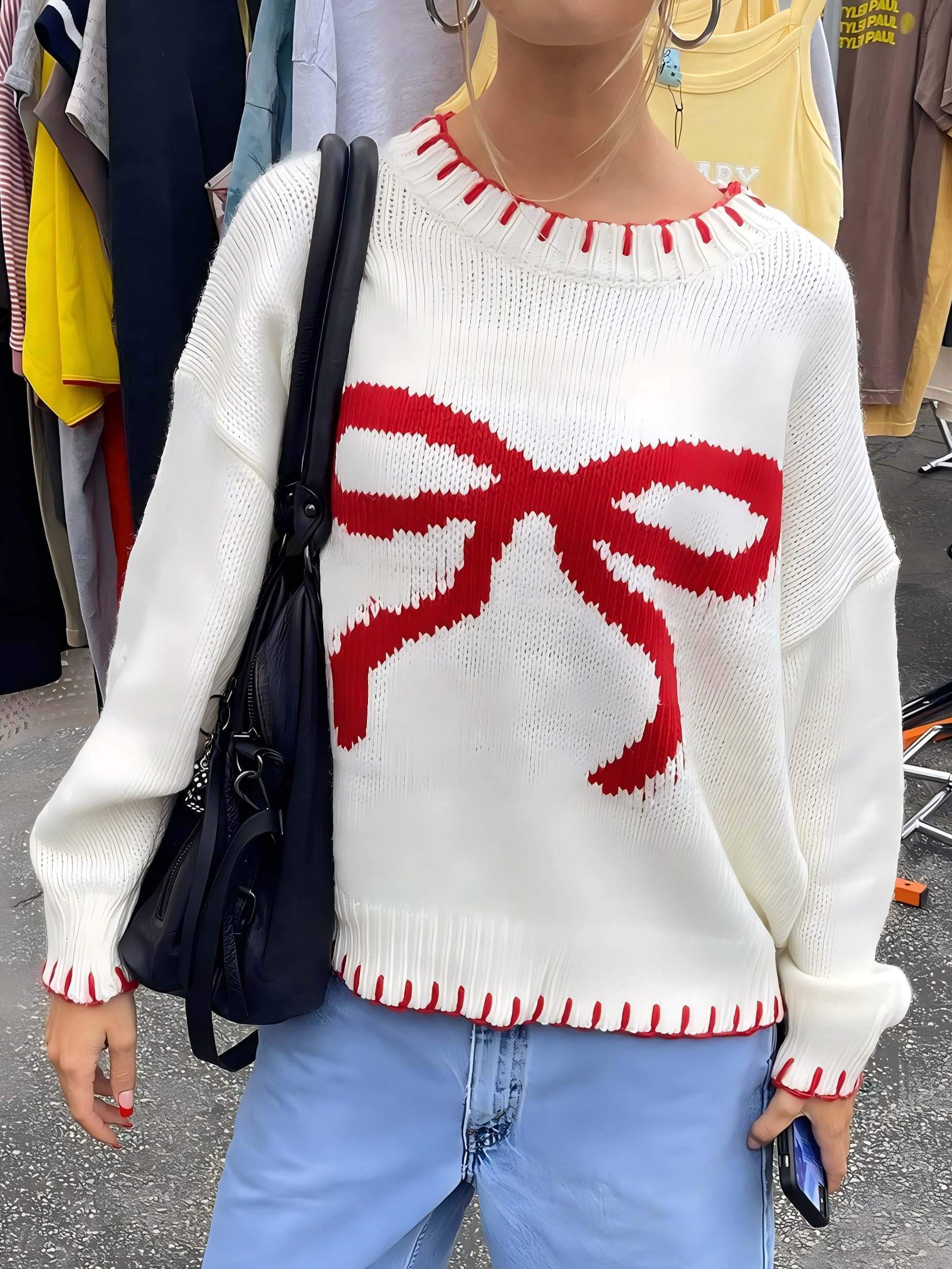 Women's bow jacquard sweater — fabric detail