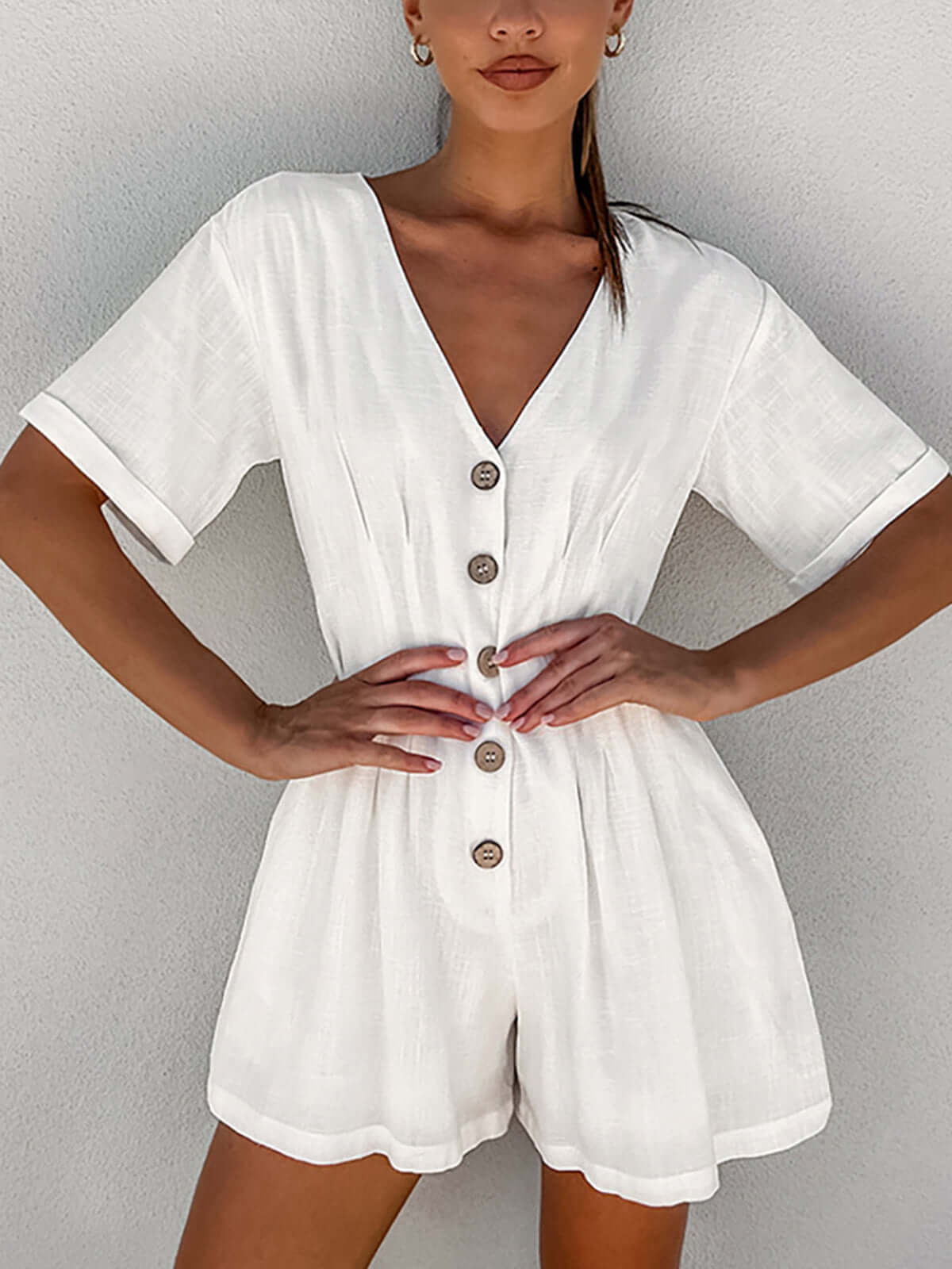 Women's White Button-Front Linen Playsuit