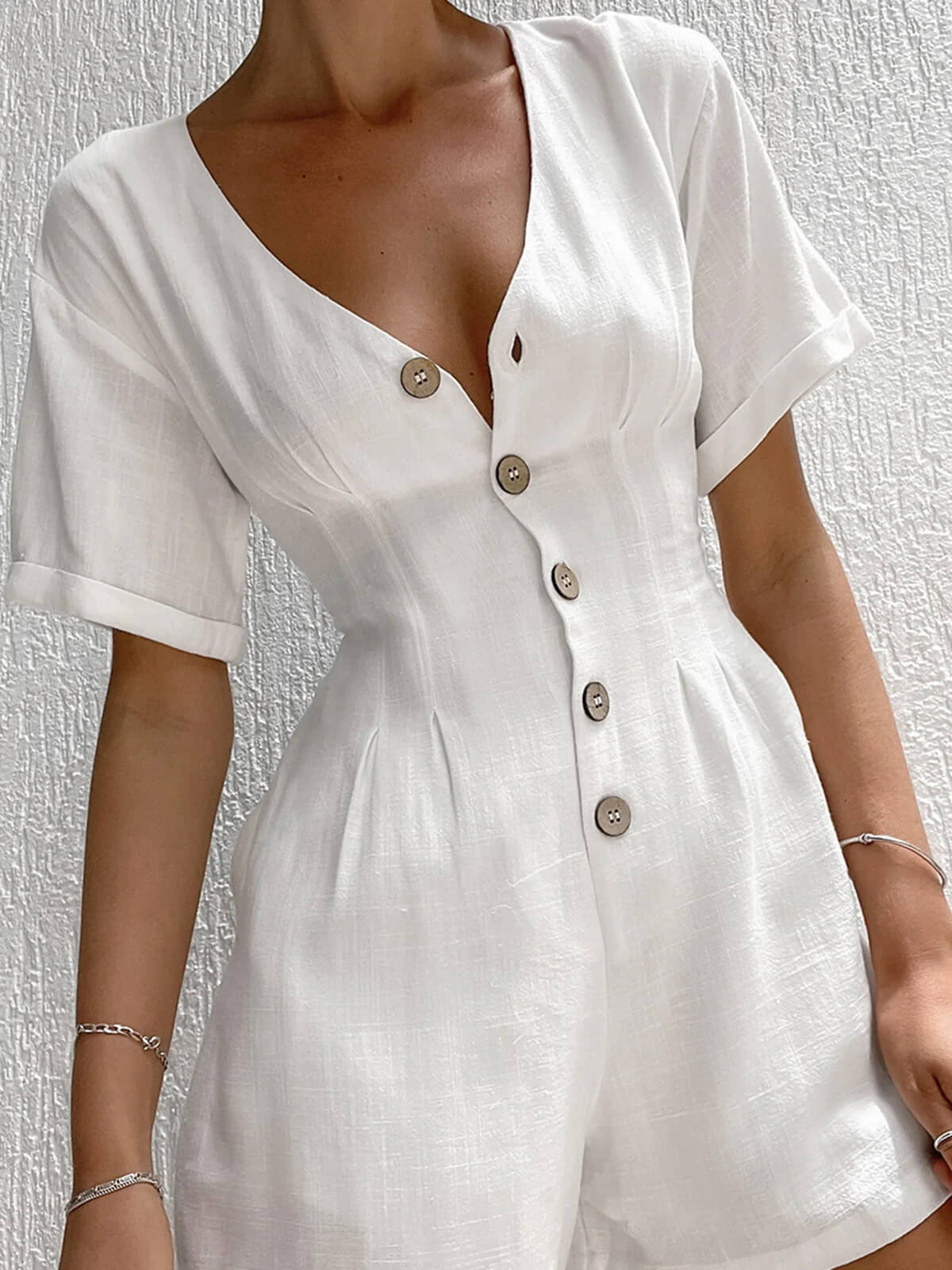 Women's White Button-Front Linen Playsuit — full length
