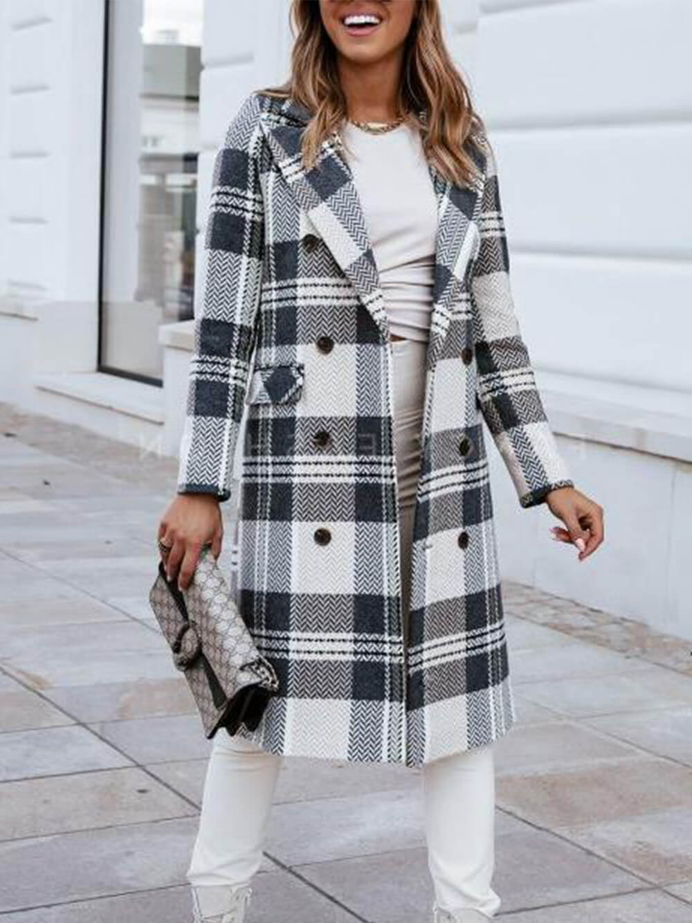 Women's white checked double-breasted pea coat, front view