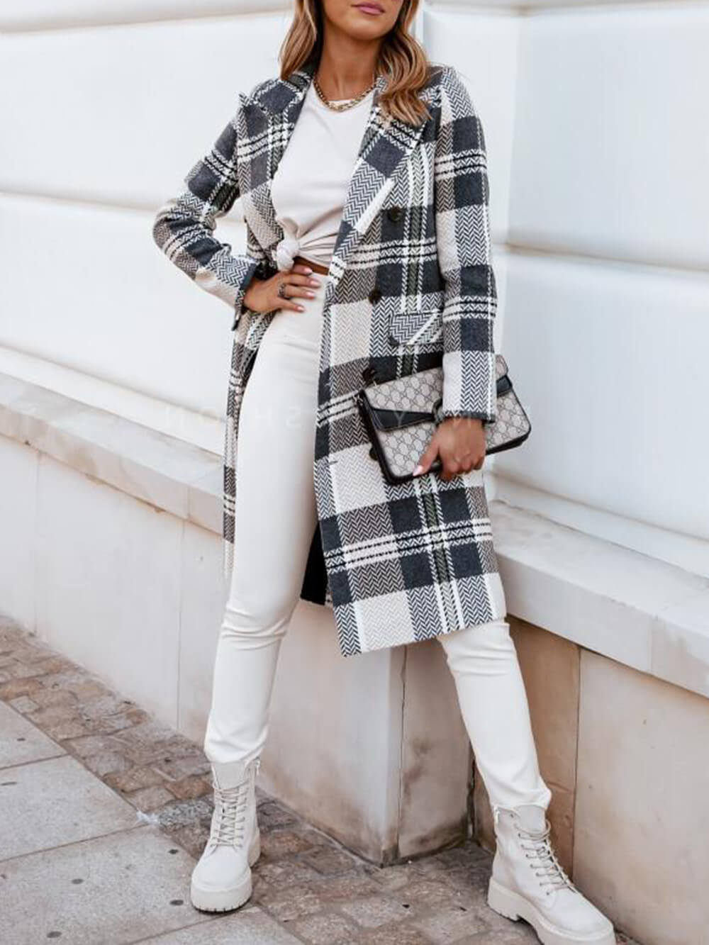 Women's white checked double-breasted pea coat — alternate angle