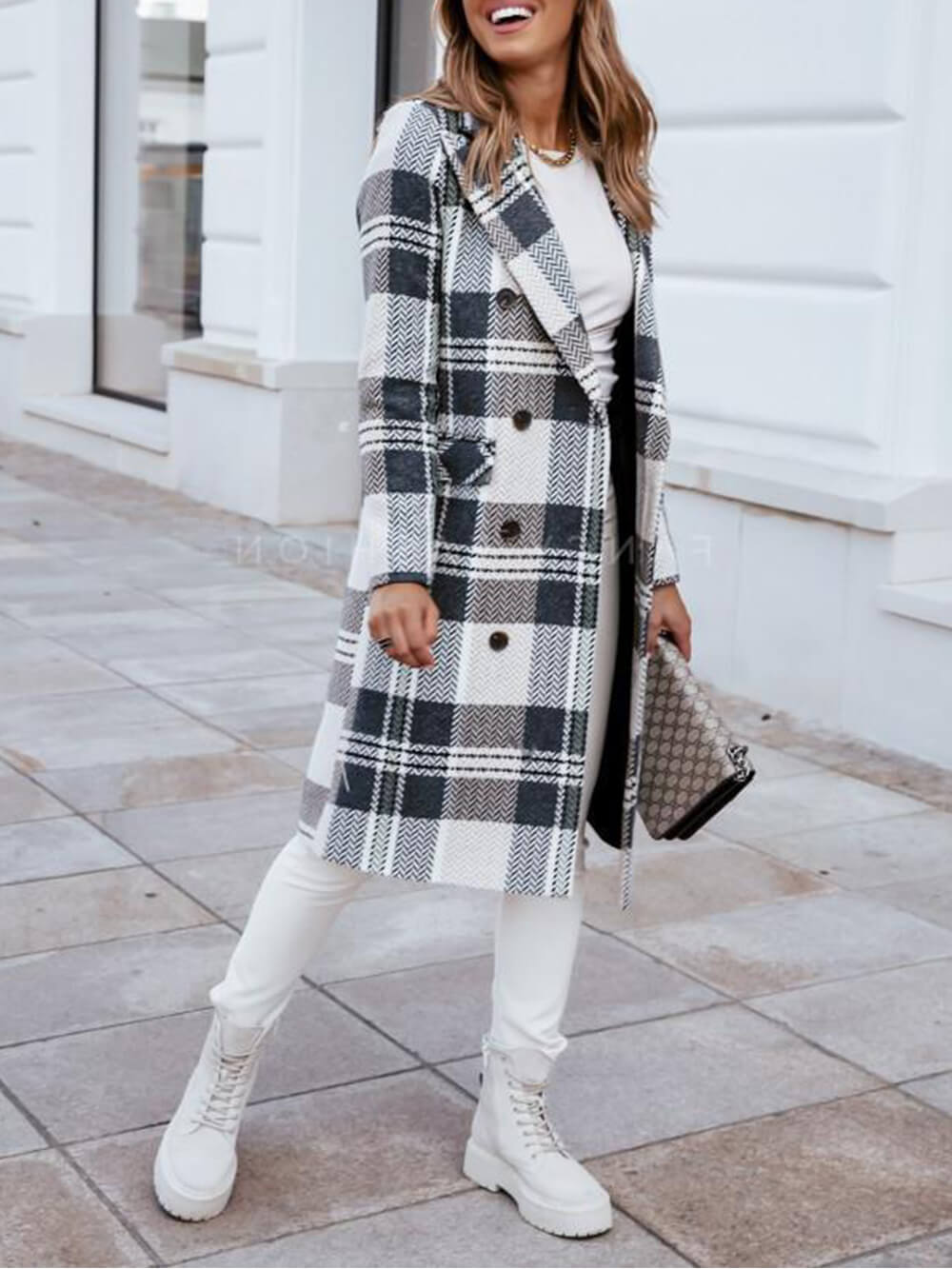 Women's white checked double-breasted pea coat — side detail