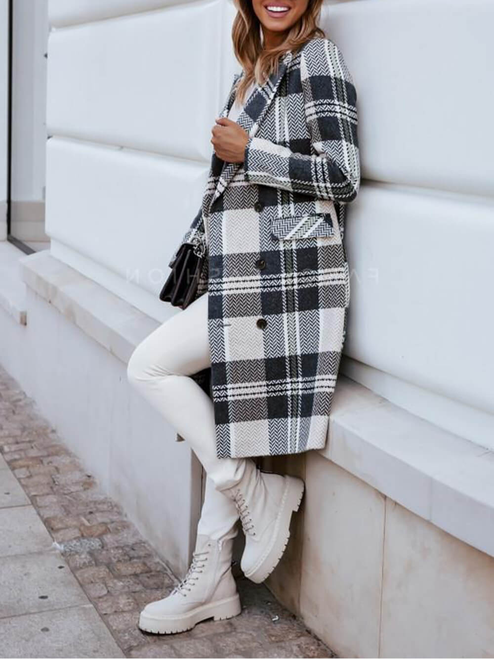 Women's white checked double-breasted pea coat, styled outfit