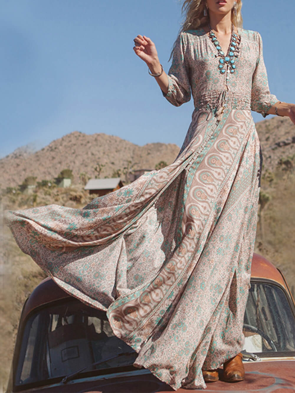 Women's white V-neck chiffon maxi dress