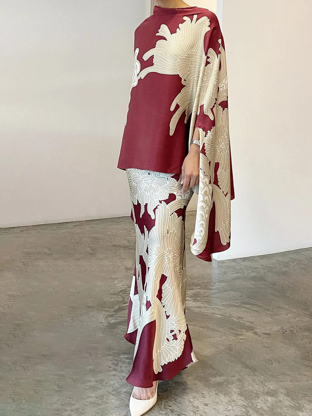 Women's white floral print co-ord set — full length