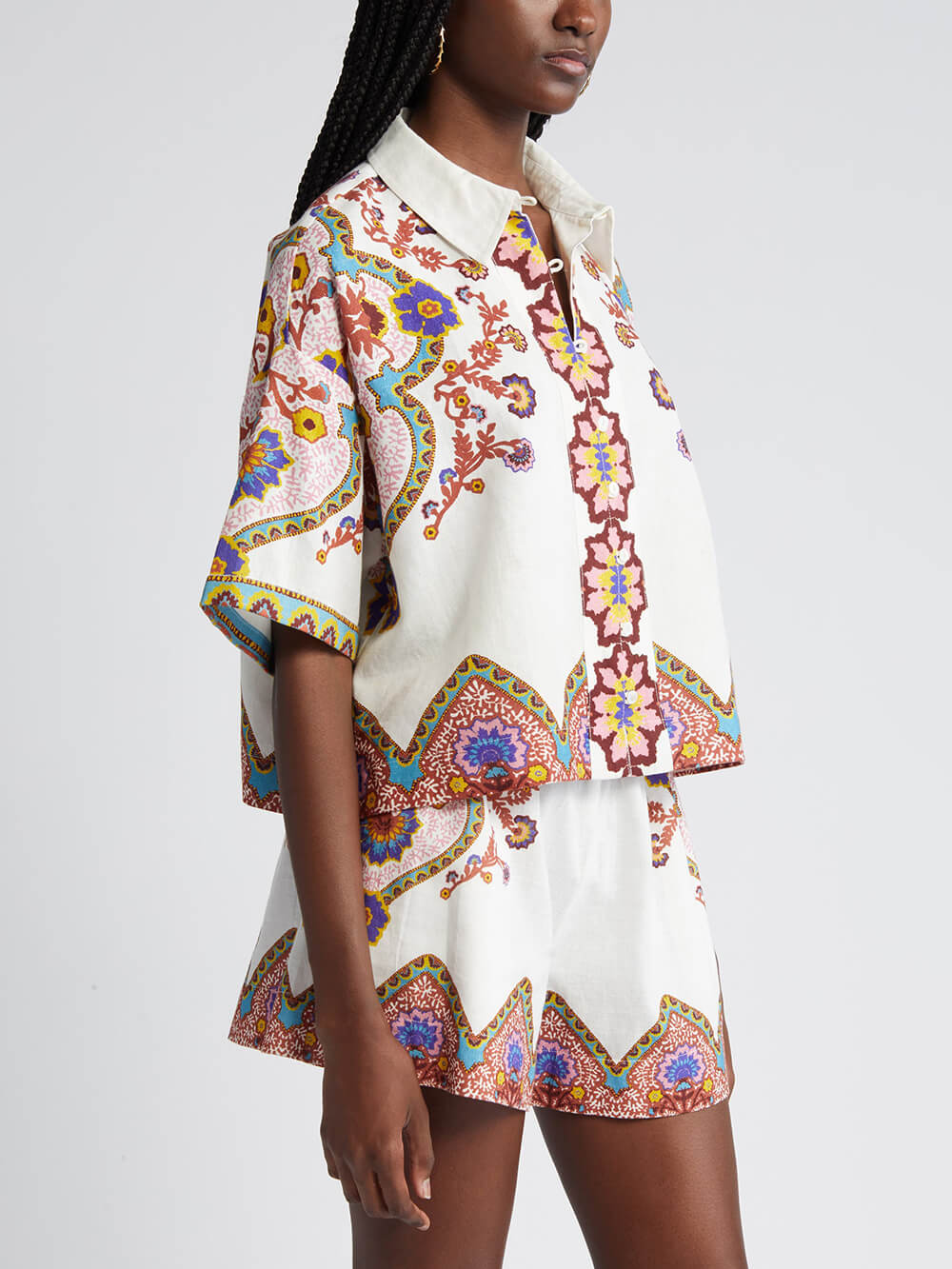 Women's white floral print shirt and shorts co-ord set — front view