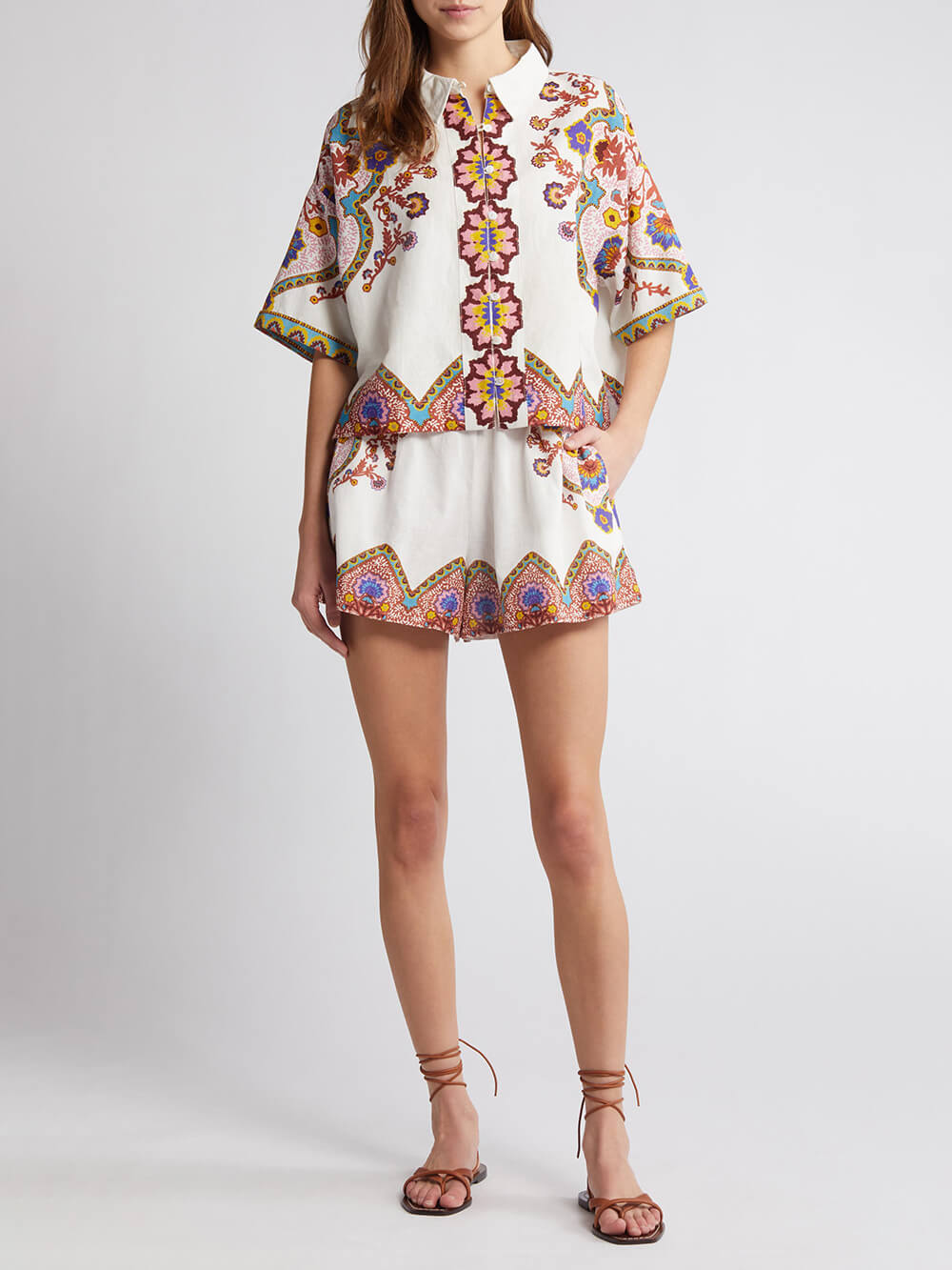 Women's white floral print shirt and shorts co-ord set — full length