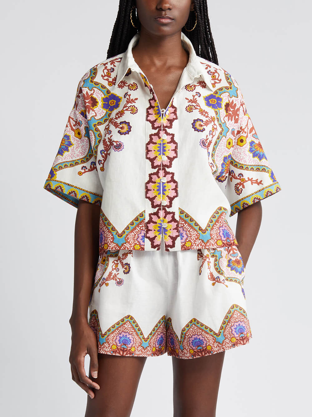 Women's white floral print shirt and shorts co-ord set — close-up detail