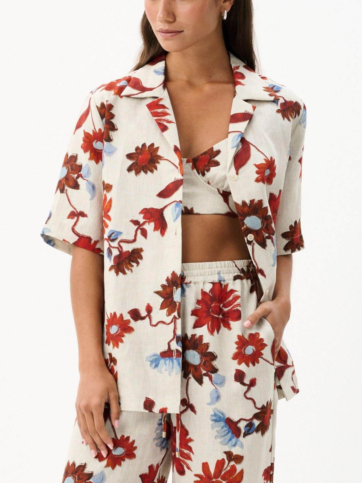 Women's White Floral Print Lapel Collar Blouse