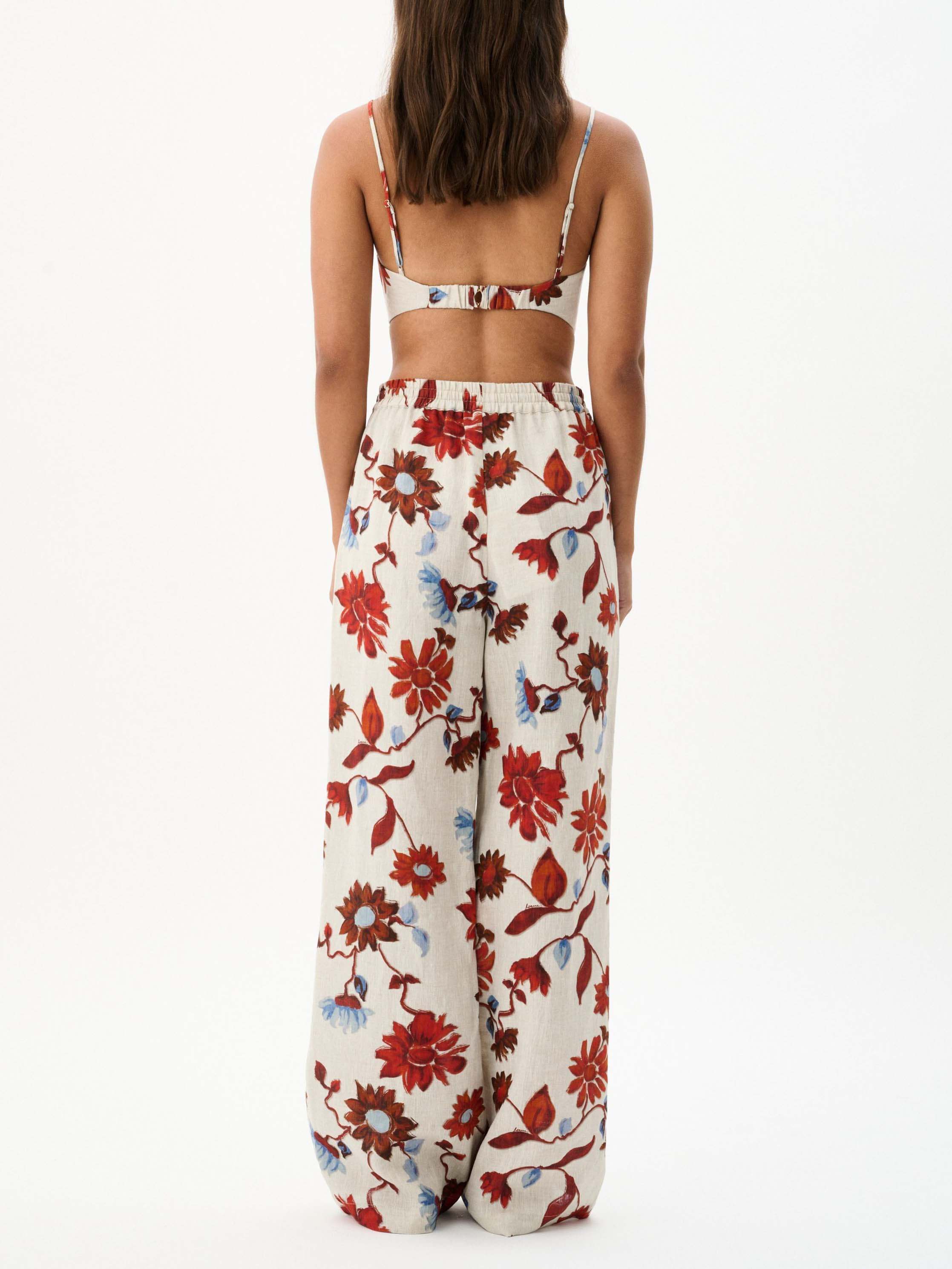 Women's White Floral Lace-Up Wide-Leg Trousers — side view