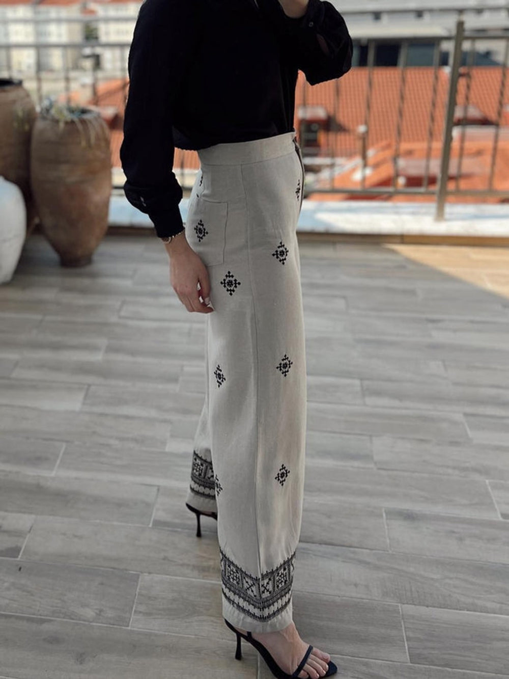 Women's white geometric embroidered wide-leg trousers — alternate angle