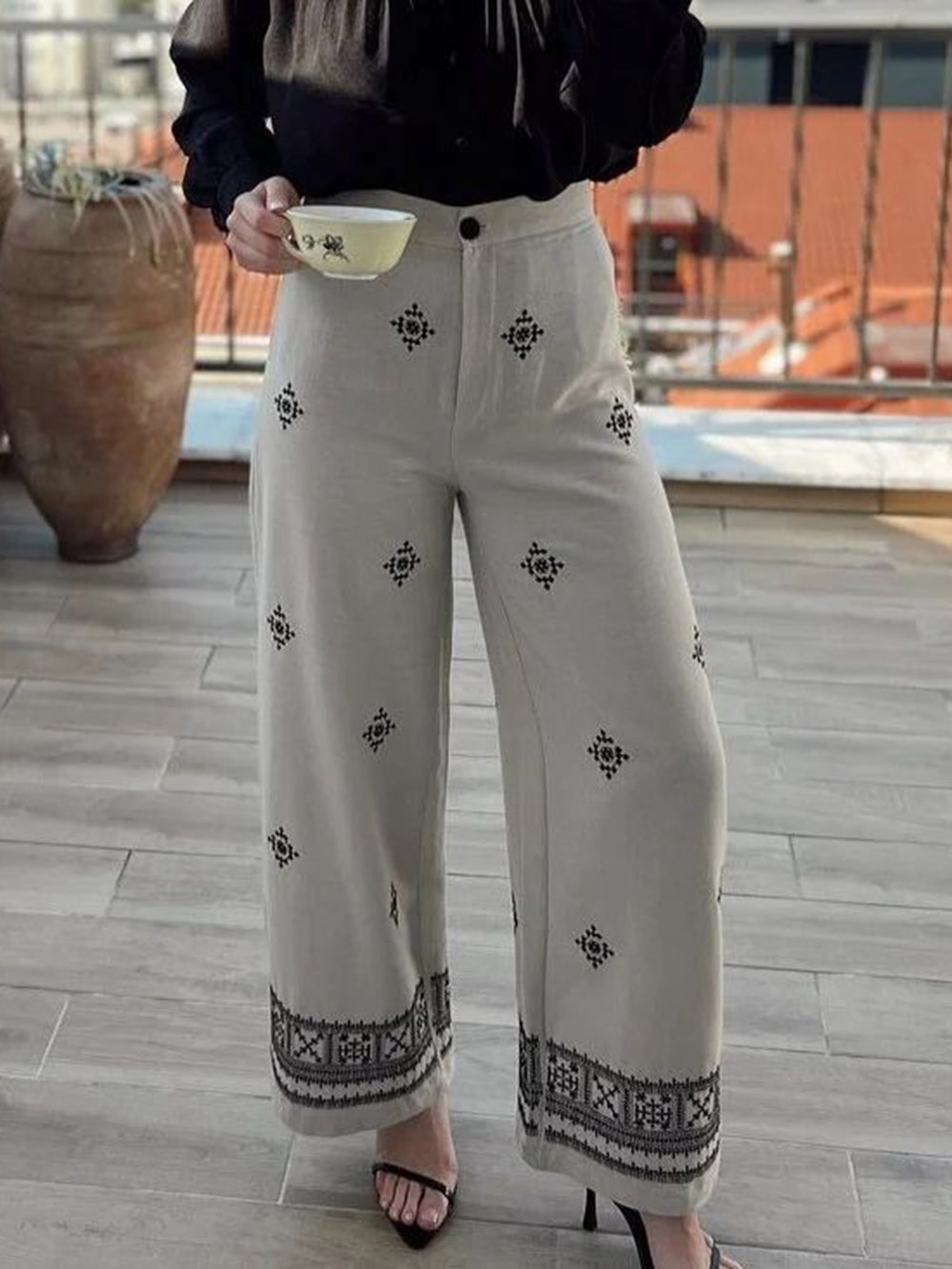 Women's white geometric embroidered wide-leg trousers — full length