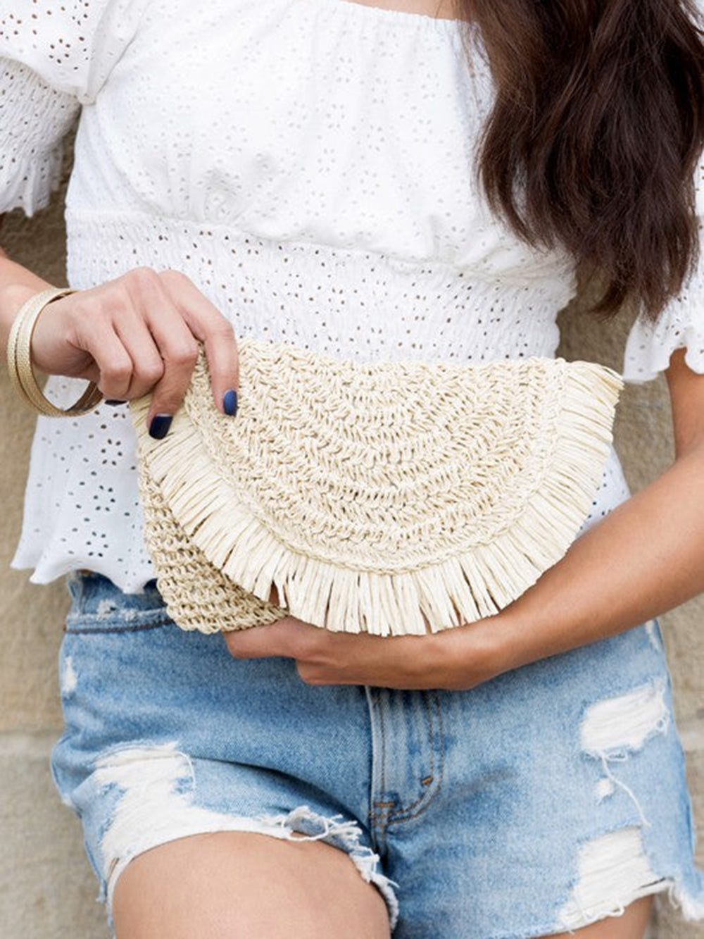 Women's White Handwoven Raffia Clutch Bag — detail view