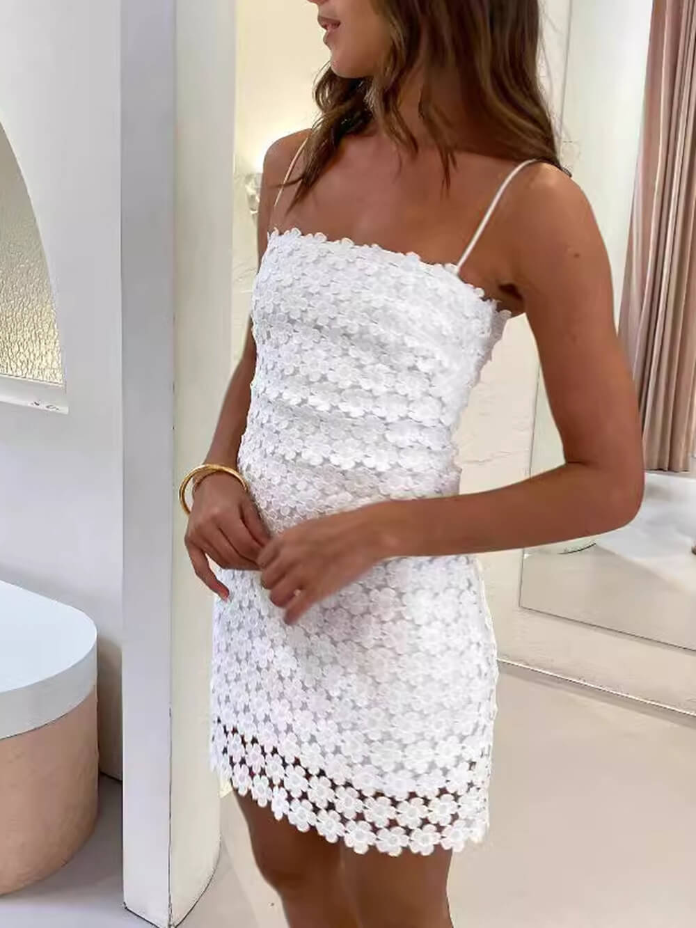 Women's white lace cutout mini dress — back view