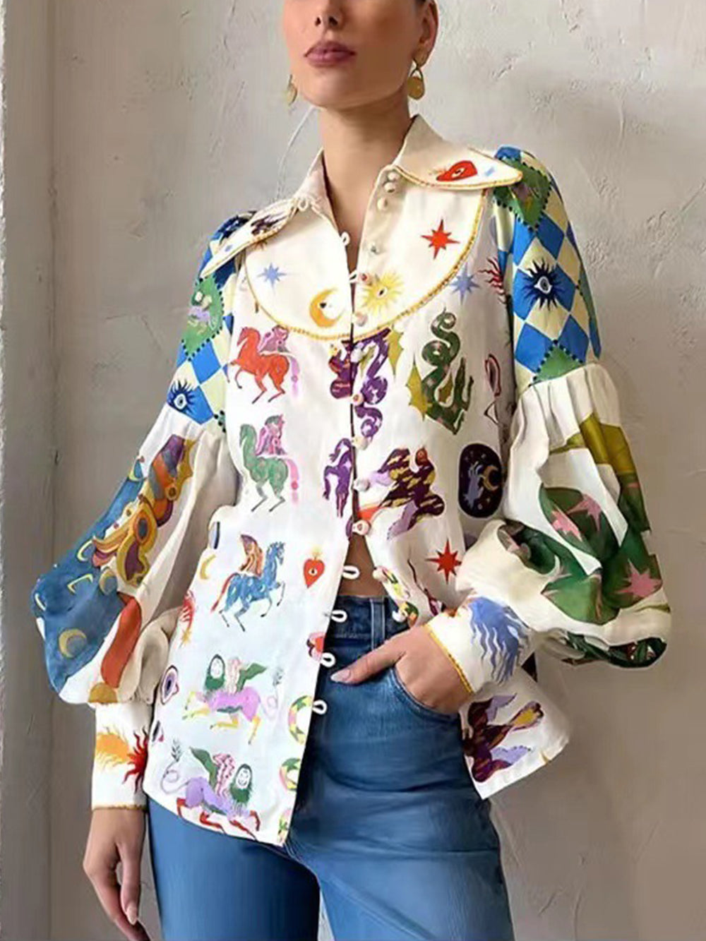 Women's White Lantern Sleeve Lapel Blouse