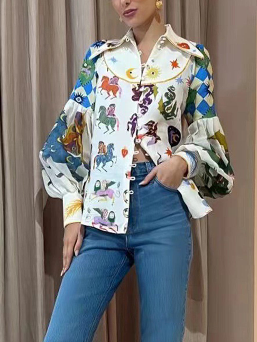Women's White Lantern Sleeve Lapel Blouse — detail