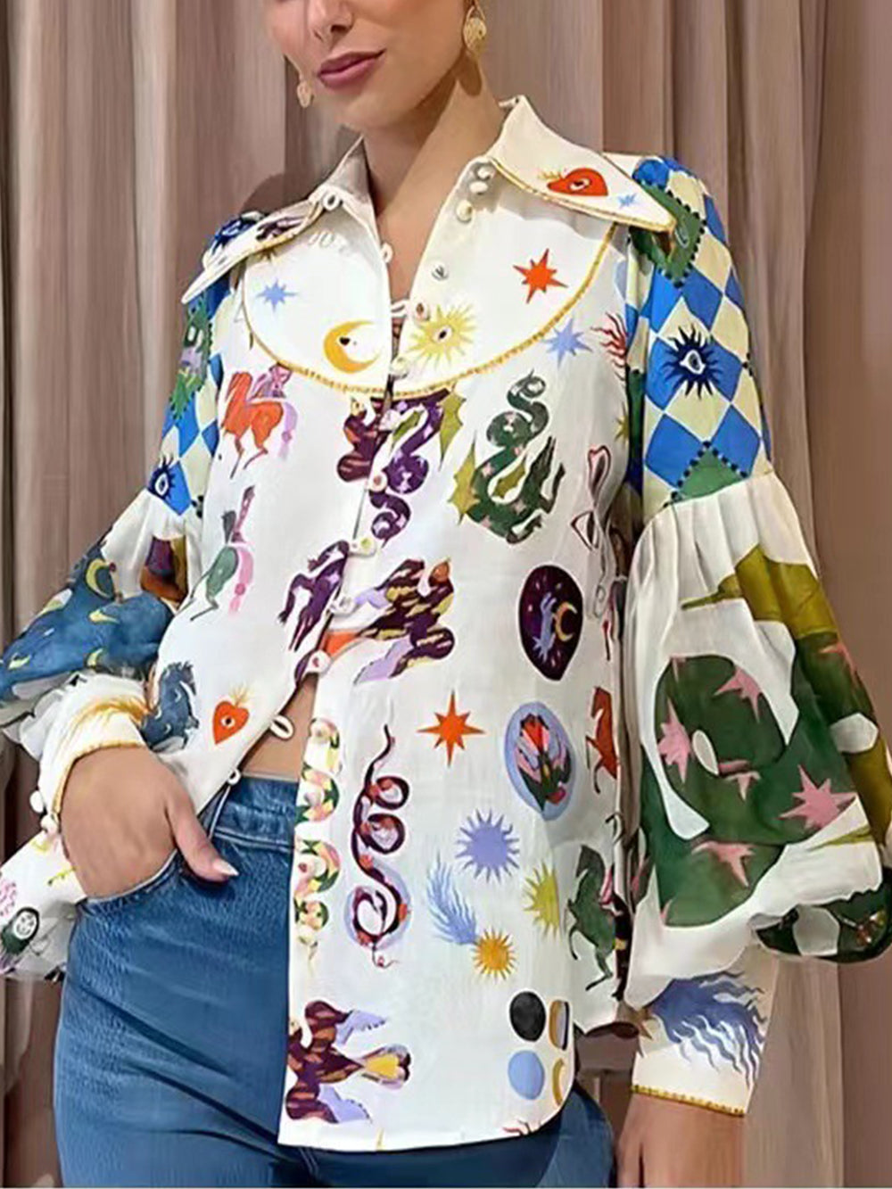 Women's White Lantern Sleeve Lapel Blouse