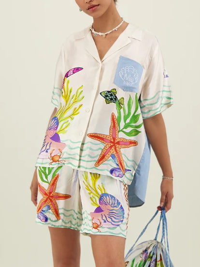 Women's white ocean shell print shorts co-ord set