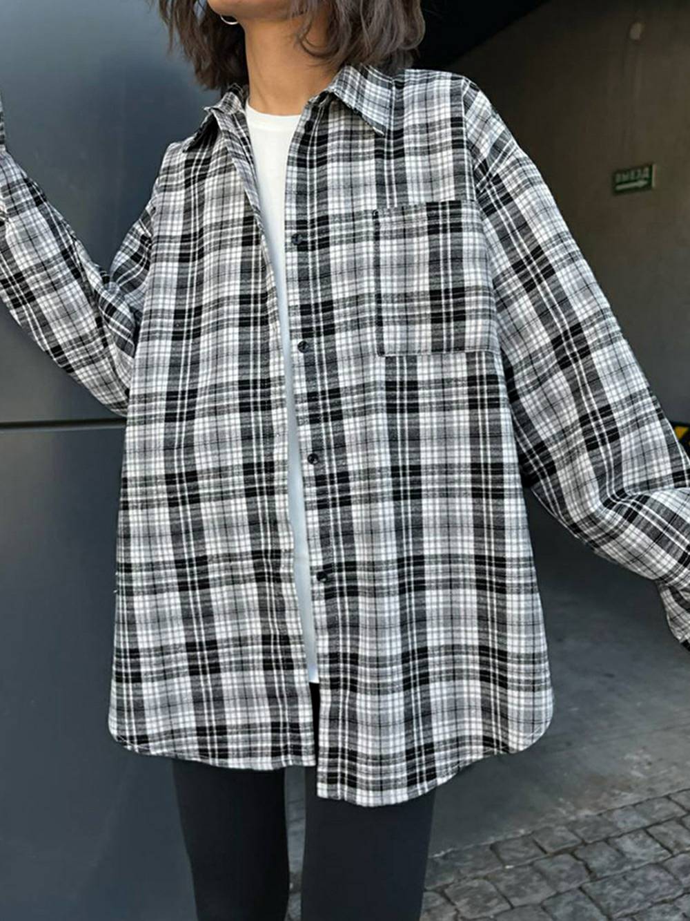 Women's white plaid pocket blouse