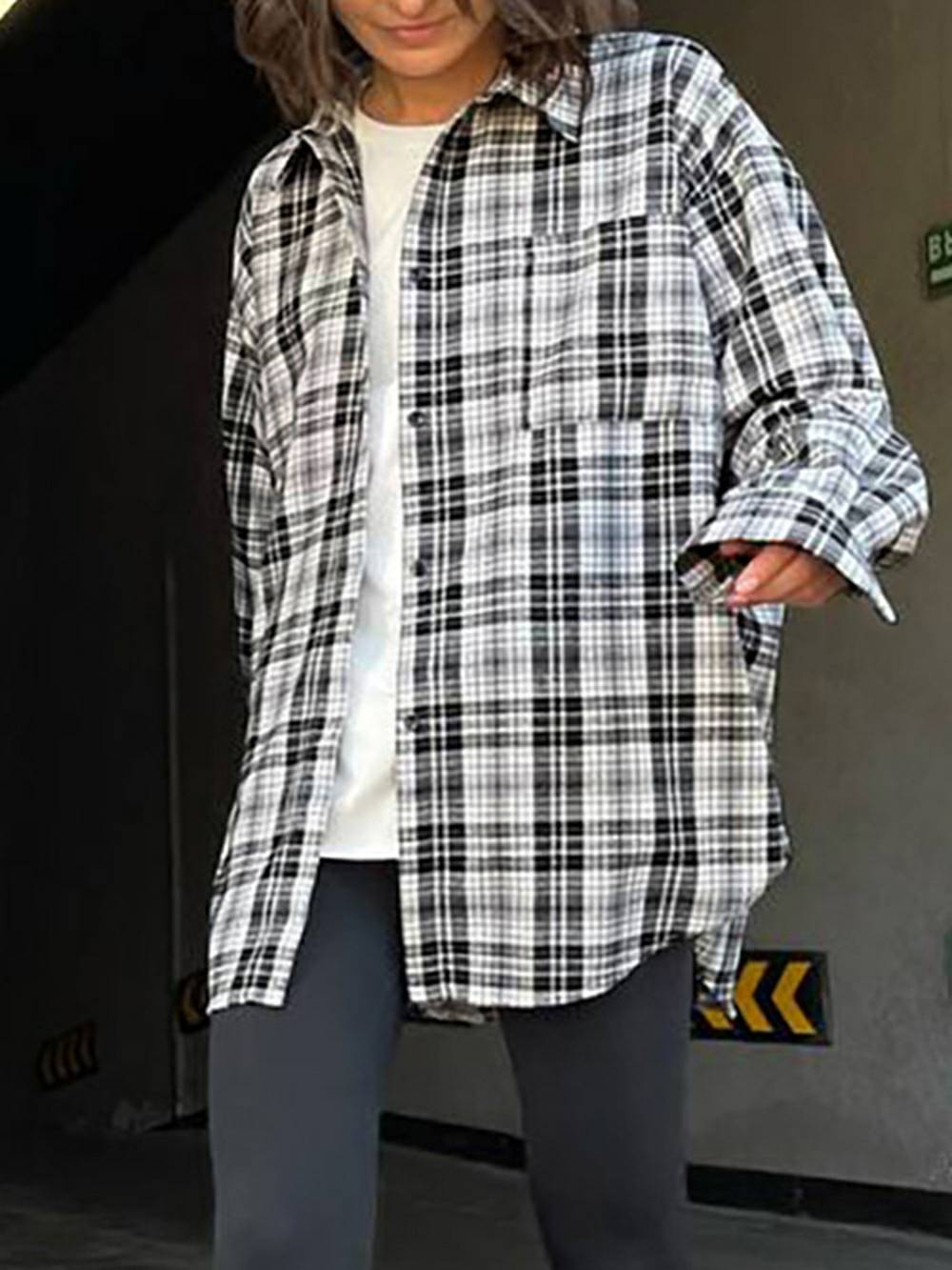 Women's white plaid pocket blouse