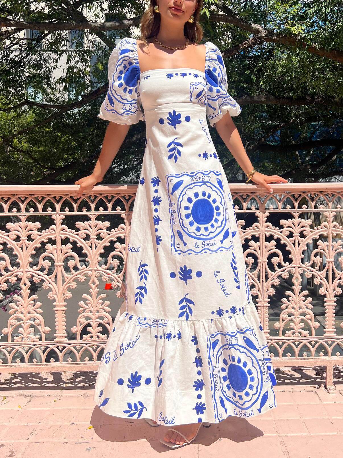 Women's White Puff Sleeve Midi Dress