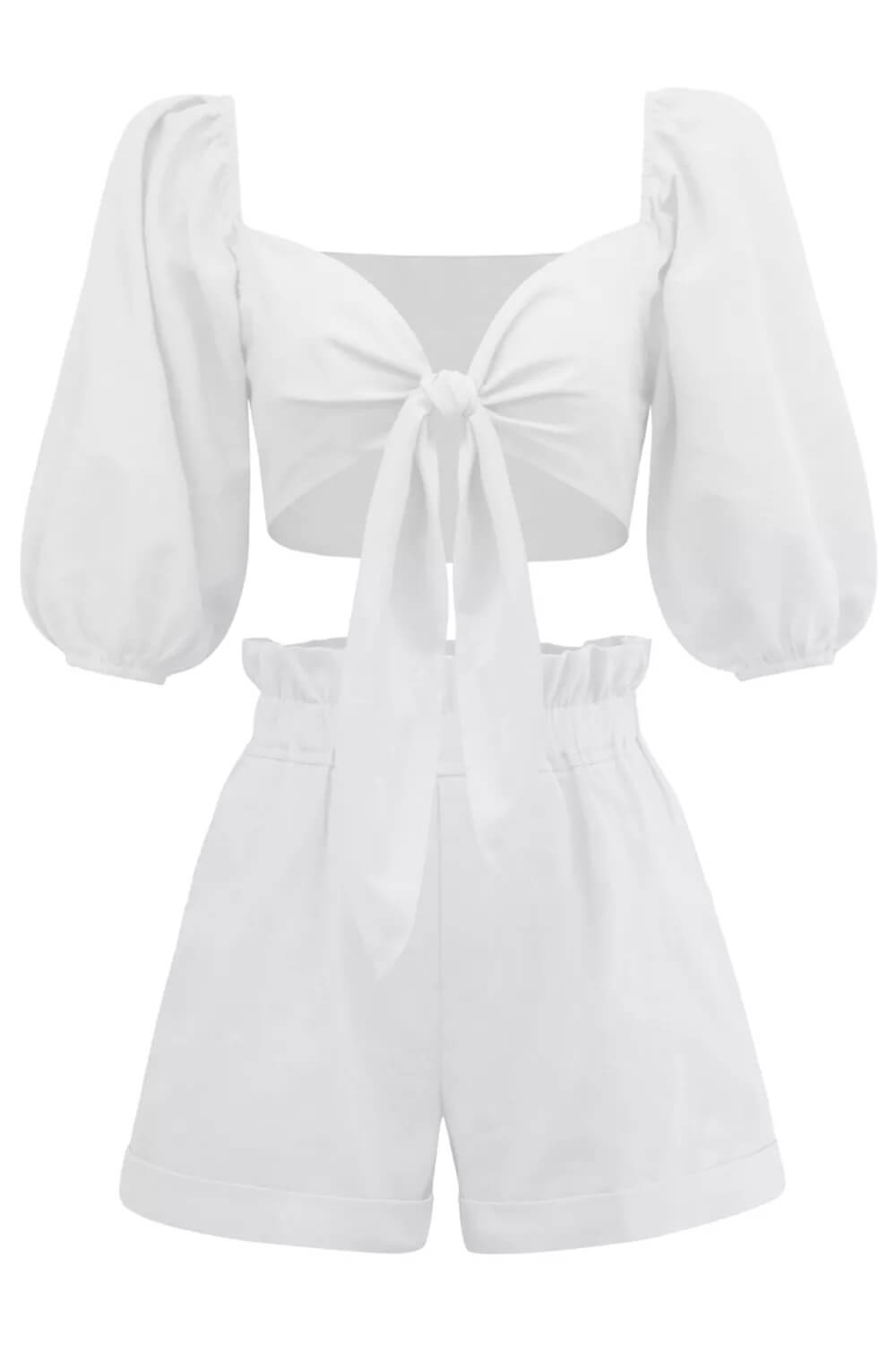 Women's White Puff Sleeve Wrap Front Shorts Set