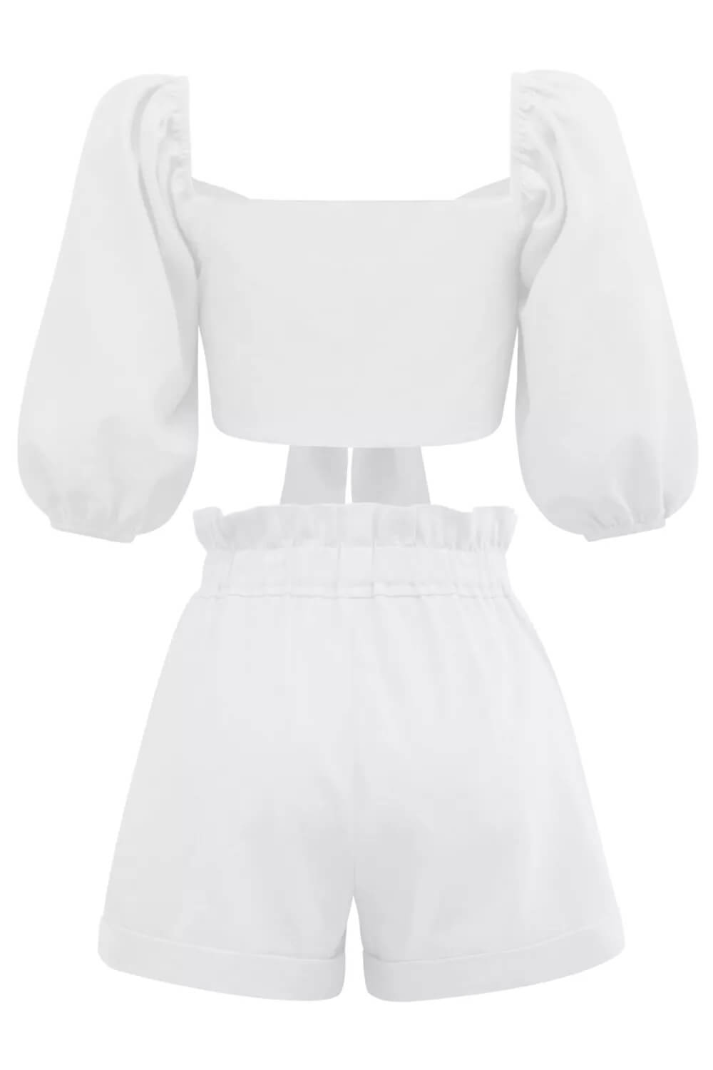 Women's White Puff Sleeve Wrap Front Shorts Set