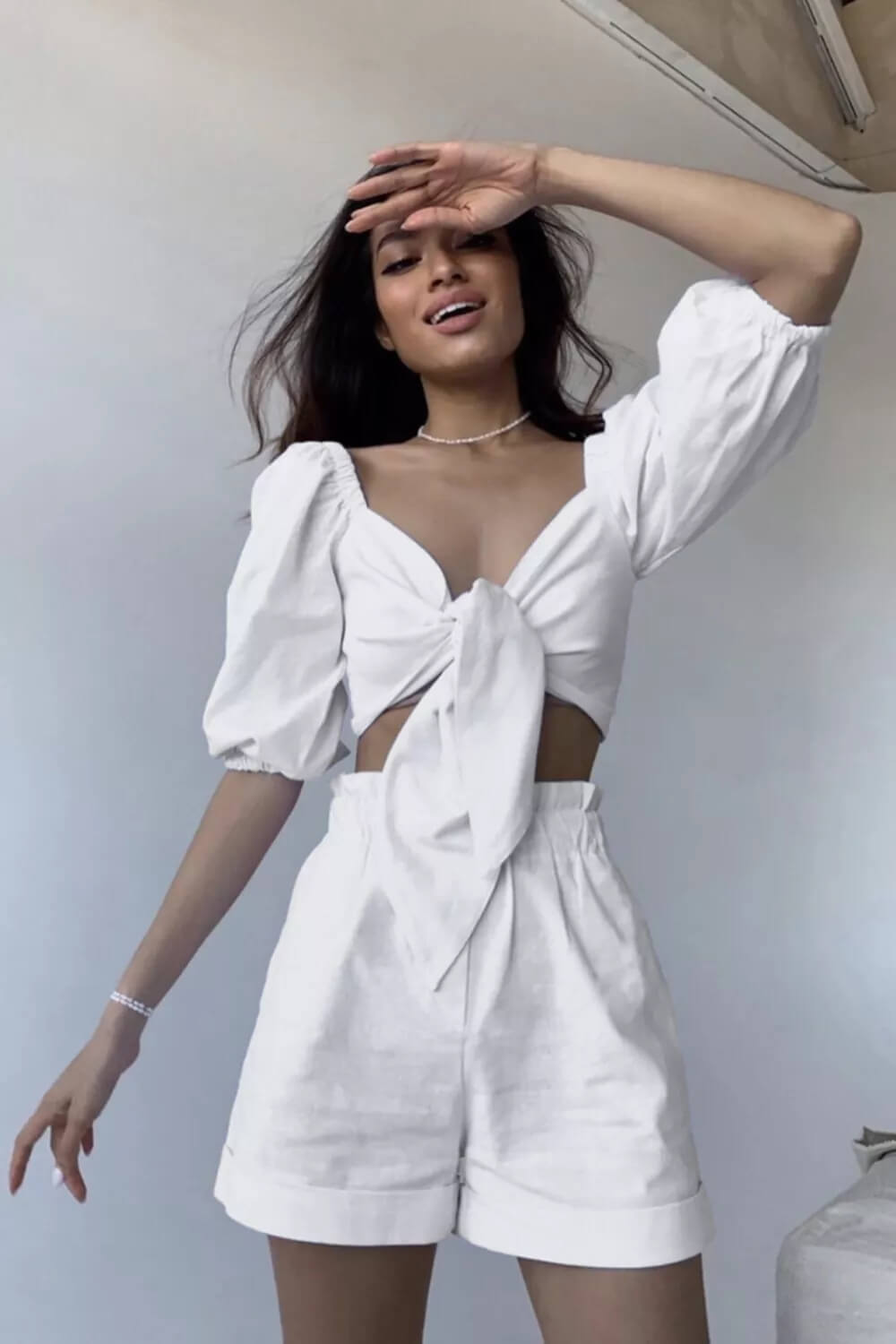 Women's White Puff Sleeve Wrap Front Shorts Set
