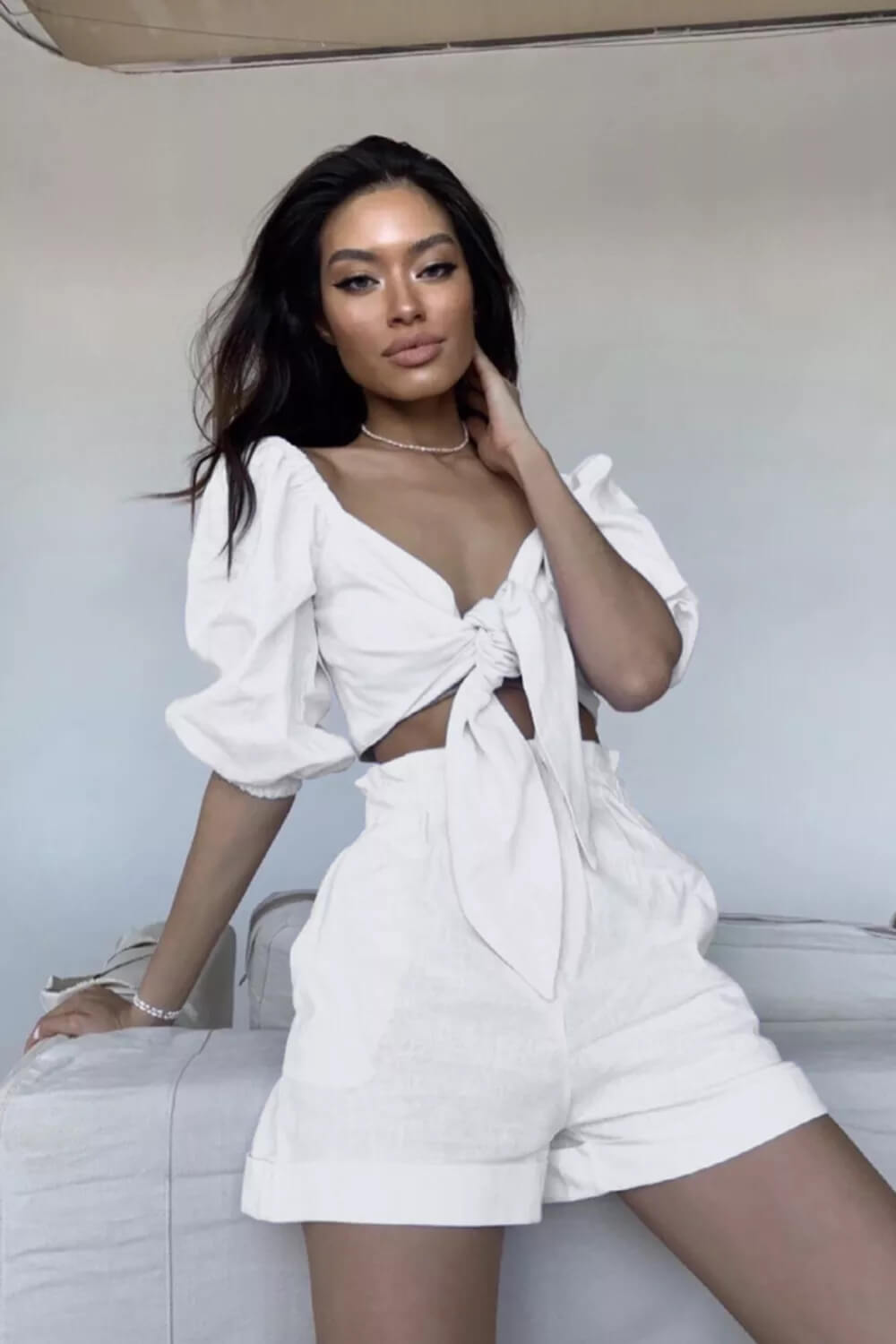 Women's White Puff Sleeve Wrap Front Shorts Set — detail view
