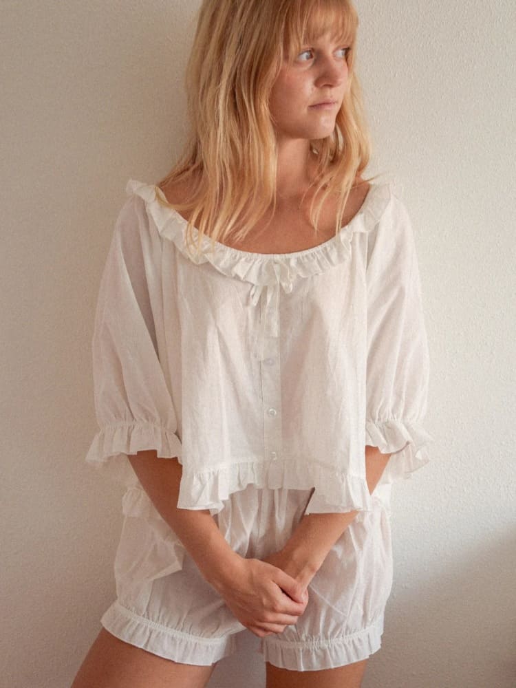 Women's white ruffle pyjama set
