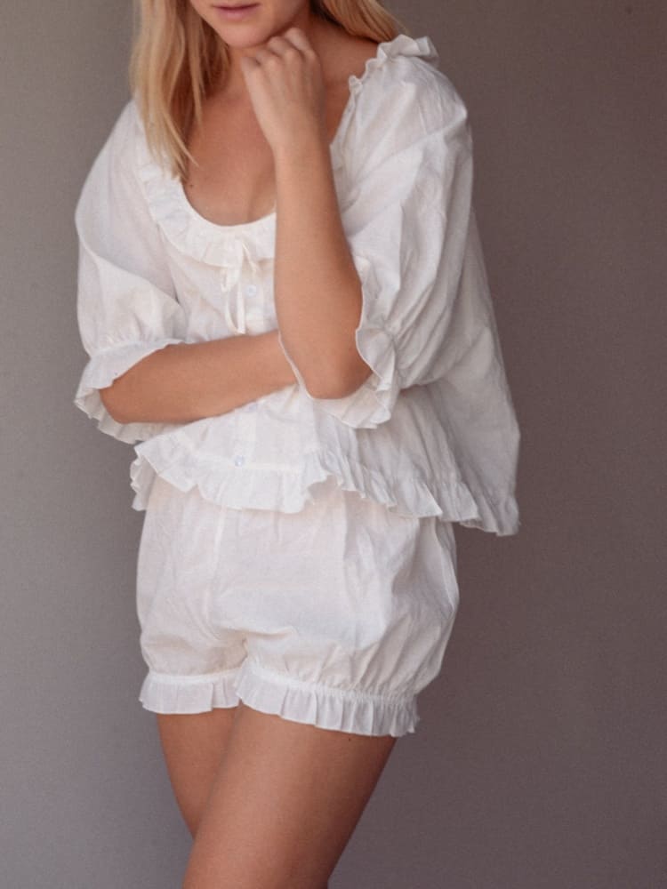 Women's white ruffle pyjama set — styled look