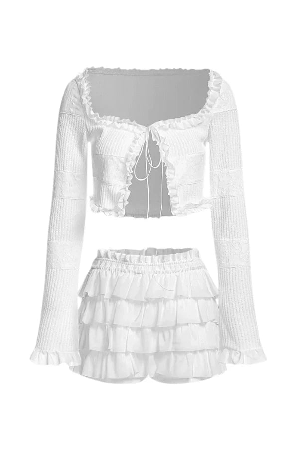 Women's white ruffle top and shorts co-ord set