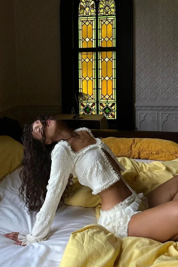 Women's white ruffle top and shorts co-ord set — alternate angle