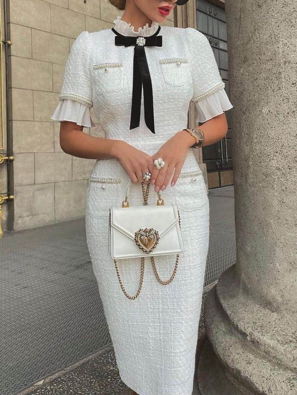 Women's white tweed bow-waist formal midi dress