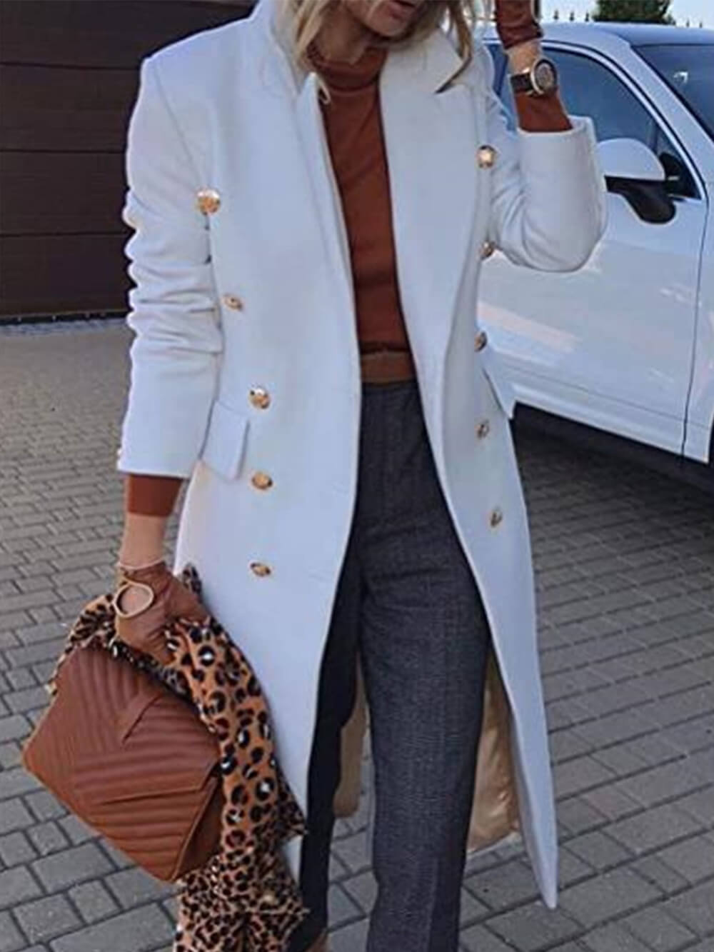 Women's white double-breasted wool coat