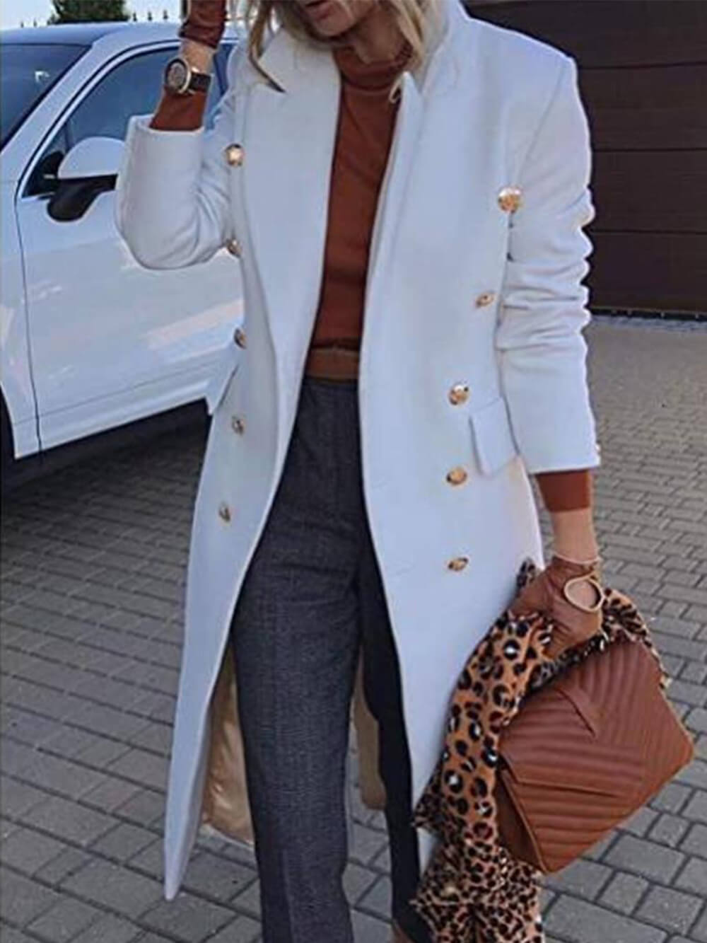 Women's white double-breasted wool coat — back view