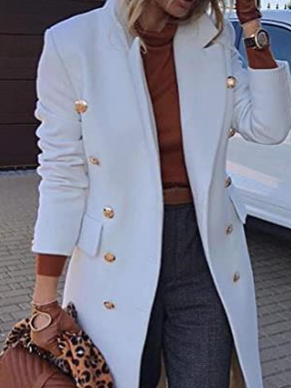 Women's white double-breasted wool coat — side detail