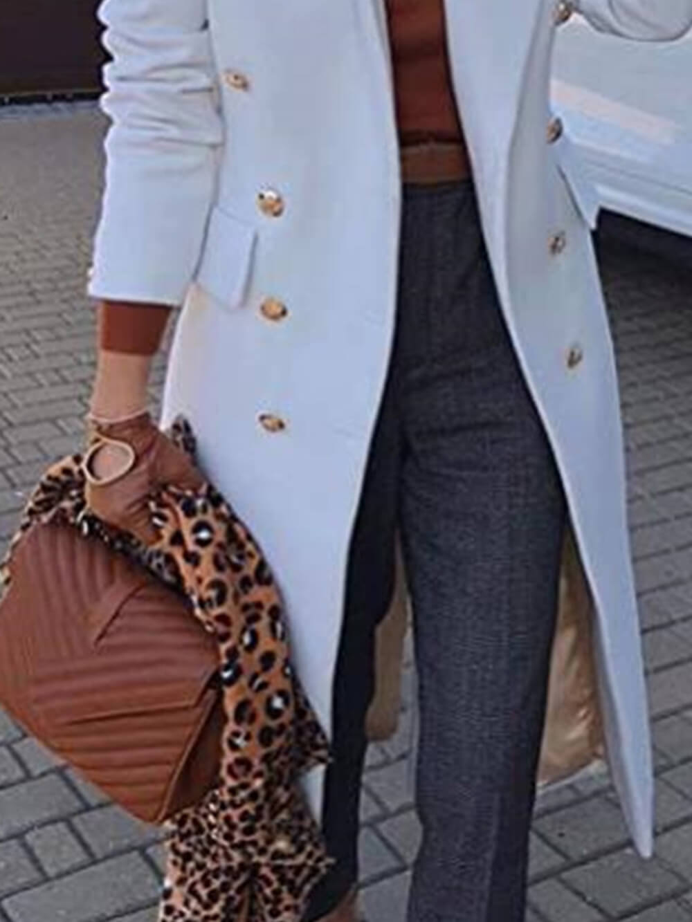 Women's white double-breasted wool coat — front detail