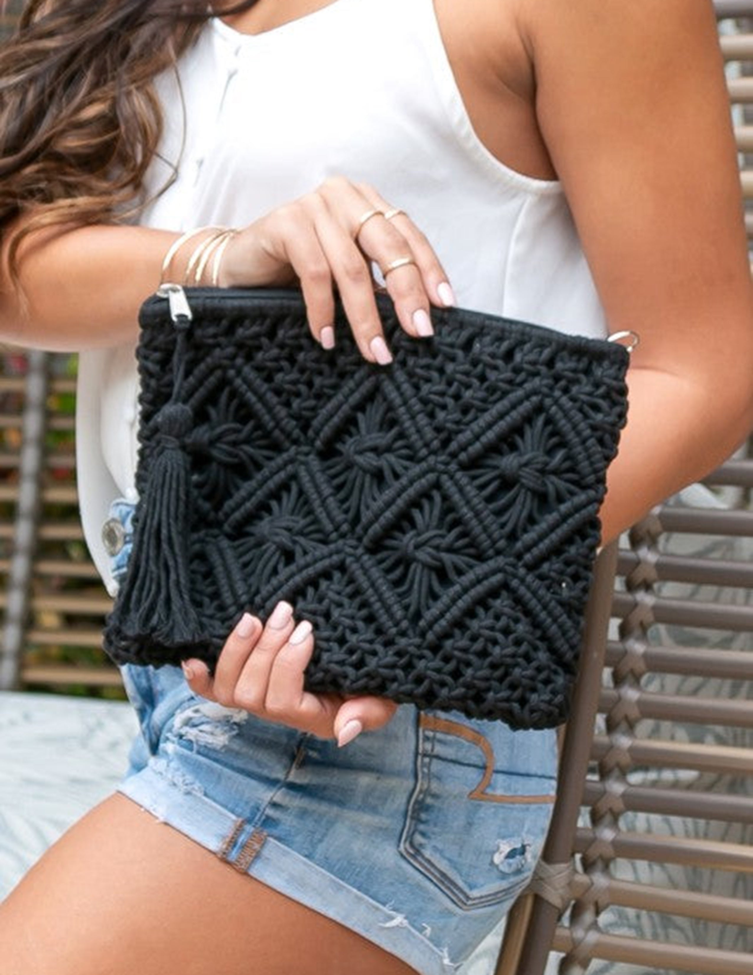 Women's Woven Diamond-Weave Tassel Clutch — full length