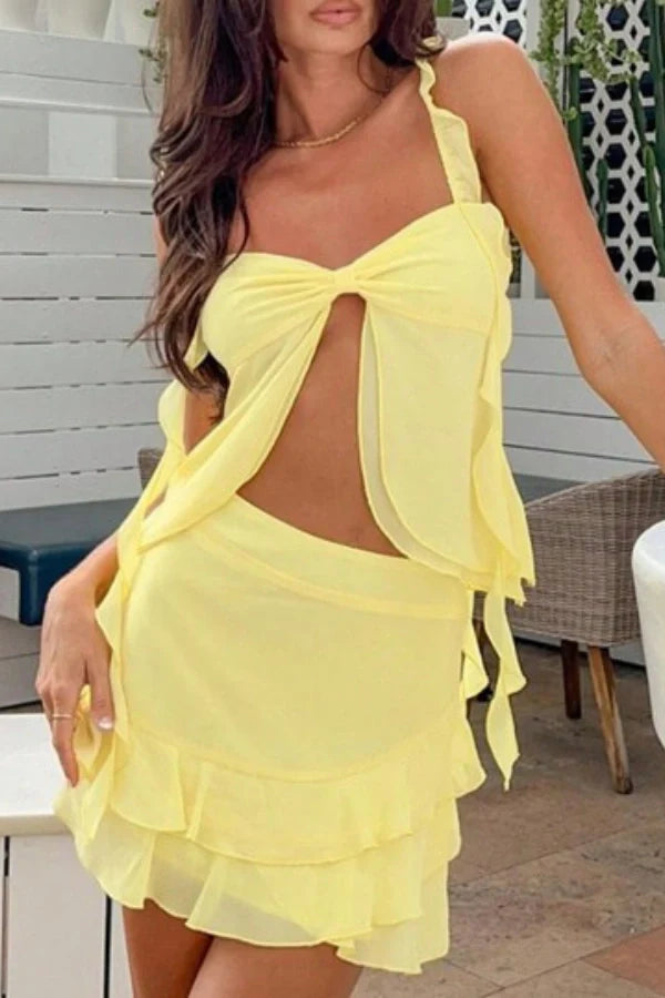 Women's yellow twist-front camisole and mini skirt set