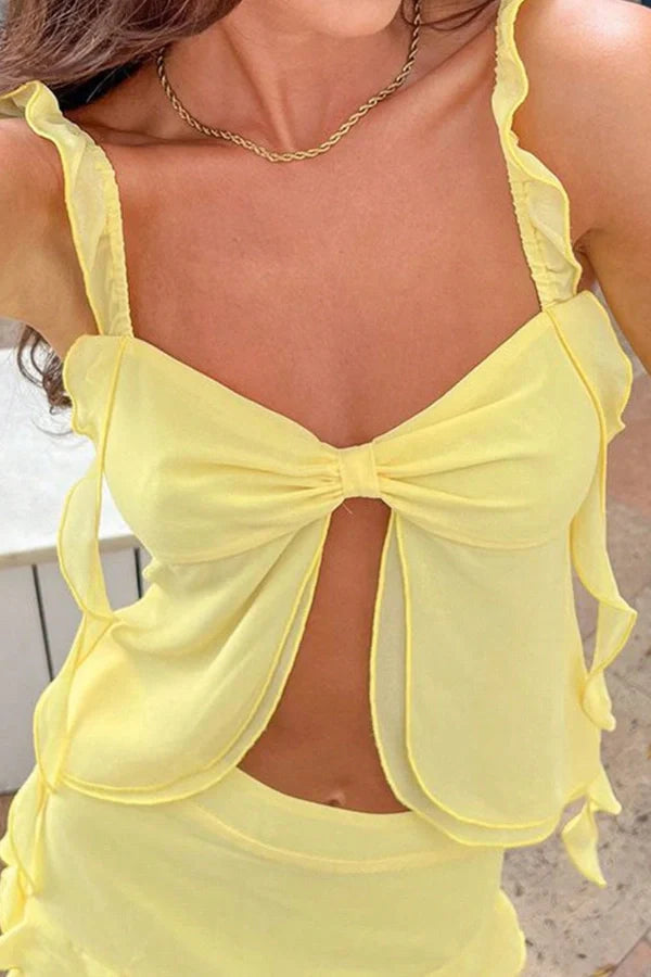 Women's yellow twist-front camisole and mini skirt set