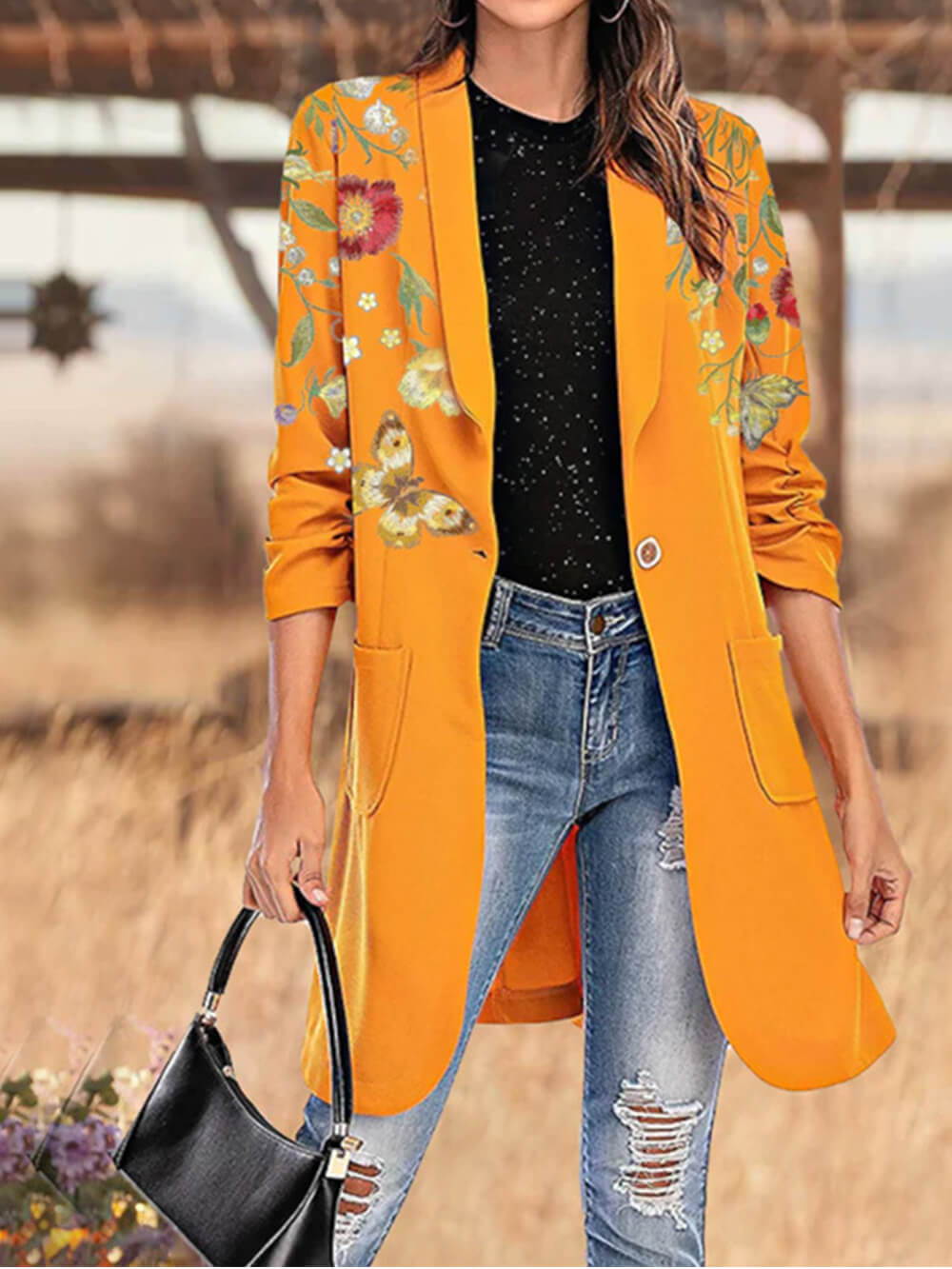 Women's yellow floral print lapel coat — side view