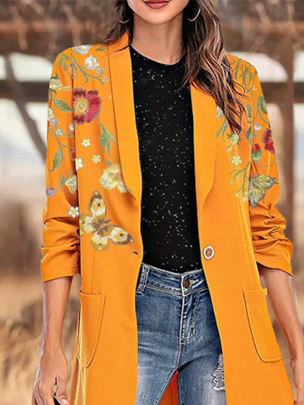 Women's yellow floral print lapel coat — back view