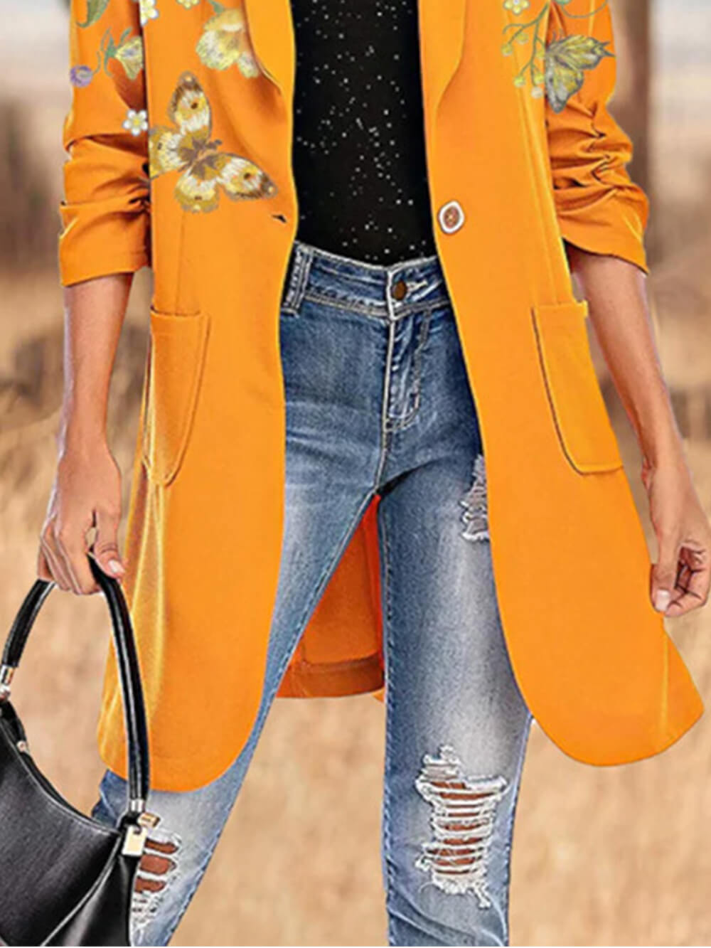 Women's yellow floral print lapel coat — full length